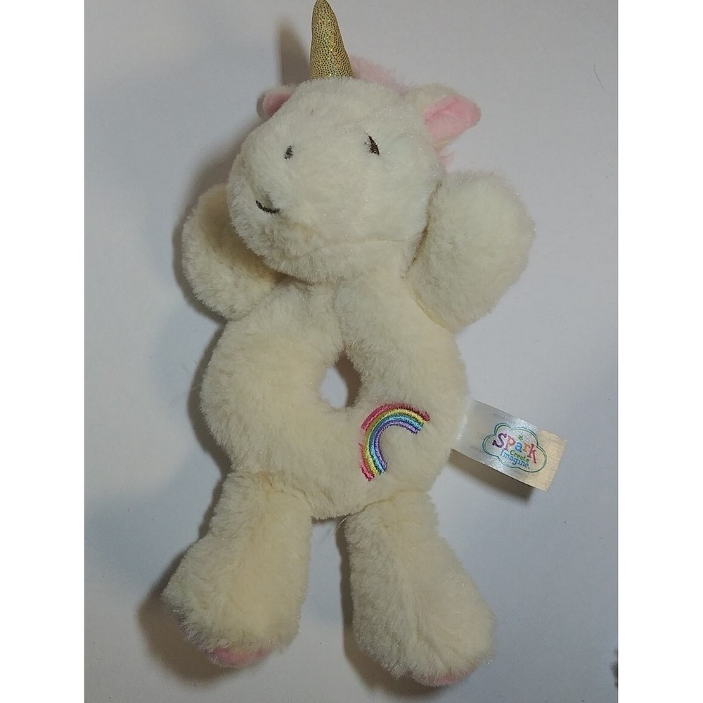 Spark Create Imagine Unicorn Plush Rattle Ring Rainbow Lovey Pink White